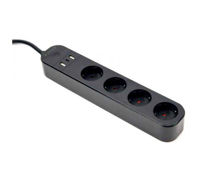 Viedā Rozete - kontaktligzda ar 4x kontaktligzdām un 2x USB pieslēgumu Smart Power, Gembird, Melna