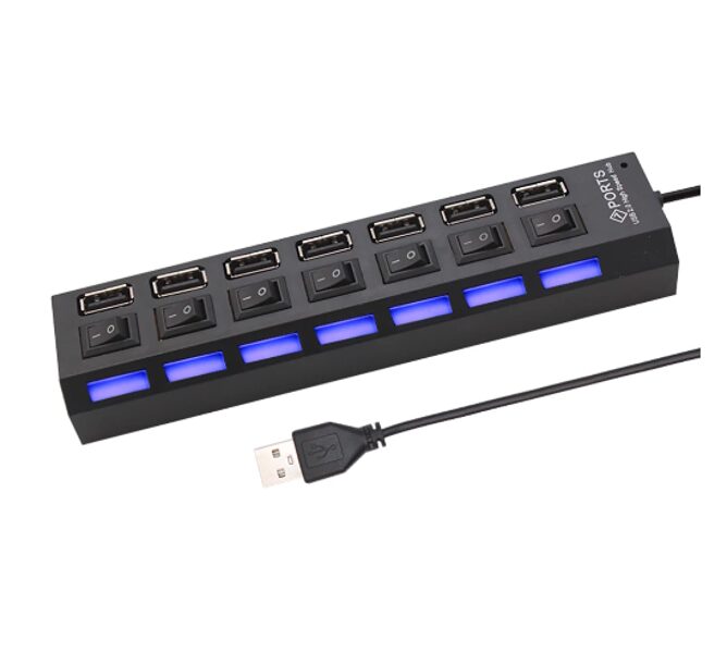 Datora USB sadalītājs 7x USB ports, 2.0, ar ieslēgšanas un izslēgšanas pogām, un LED apgaismojumu