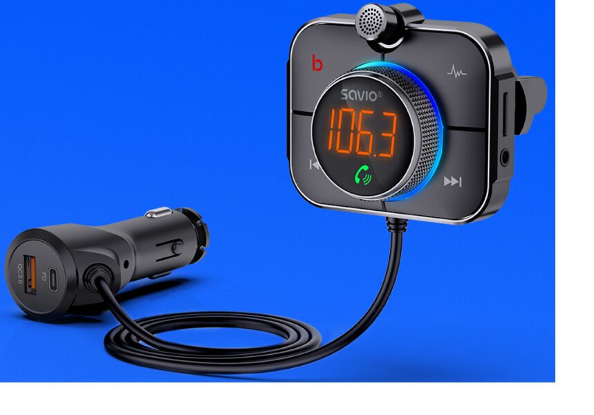 FM modulators - automašīnas bluetooth transmiteris ar ātrās uzlādes lādētāju, trokšņu slāpēšana, USB, AUX, Type C, brīvroku sistēma, Savio