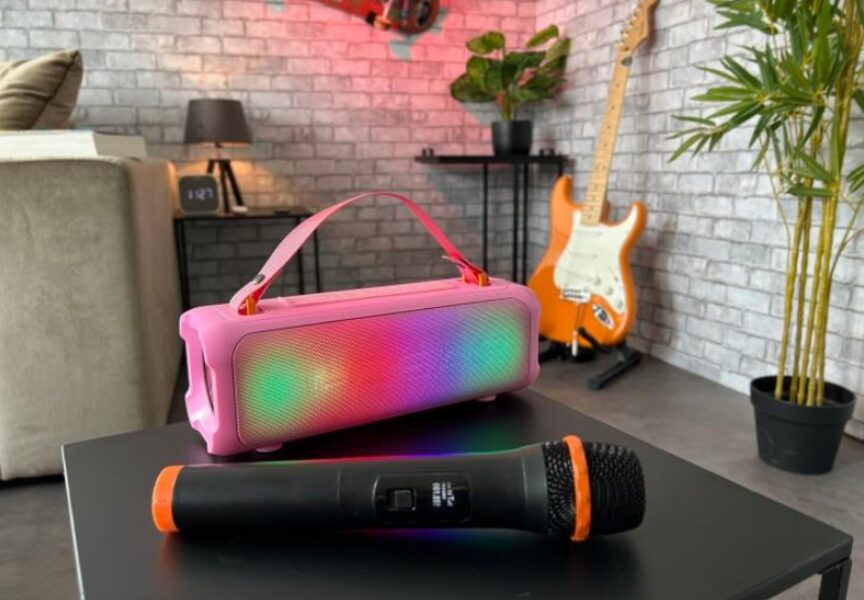 Pārnēsājams bezvadu skaļrunis 100W, ar mikrofonu un LED apgaismojumu ''Party'', Bluetooth, MP3, RGB Disco, USB, AUX, BLAZOOKA 703, Rozā
