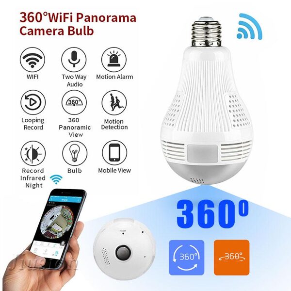 Wi Fi Kamera - spuldze, bezvadu videonovērošanas kamera, 360 ° ,E27 lampa, ar kustības sensoru un nakts redzamību
