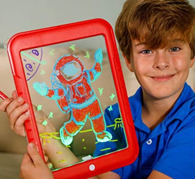 Maģiskā bērnu zīmēšanas, krāsošanas un mācīšanās tāfele - planšete ar gaismām un neona fluorescējošiem flomasteriem