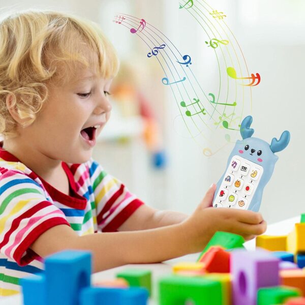 Bērnu rotaļu, spēļu telefons ar dažādām skaņām, un ar miega un šūpuļa dziesmām, muzikālā rotaļlieta zēniem, zila krāsa