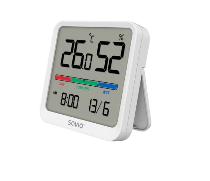 Digitālais termometrs un mitruma līmeņa sensors (4in1) Savio, rāda pulksteni un datumu, LCD ekrāns, baltā krāsā