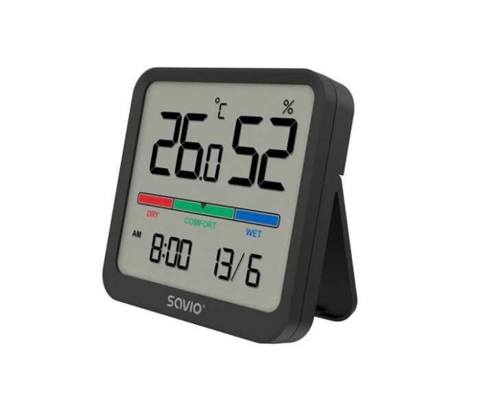 Digitālais termometrs un mitruma līmeņa sensors (4in1), savio rāda pulksteni un datumu, melnā krāsā
