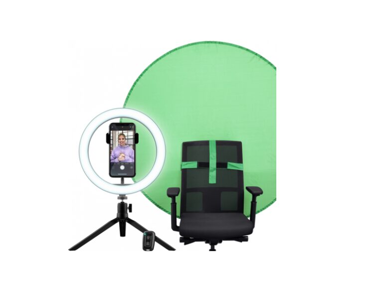Straumēšanas komplekts, LED selfija riņķis tik tok apgaismojumam + zaļais ekrāns, spilgtuma regulēšana, komplektā pults