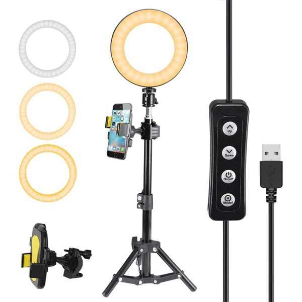 LED selfija riņķis, tiktok apgaismojums, gredzenveida lampa ar 3 maināmiem gaismas toņiem, un regulējamu spilgtumu, ar telefona turētāju un statīvu