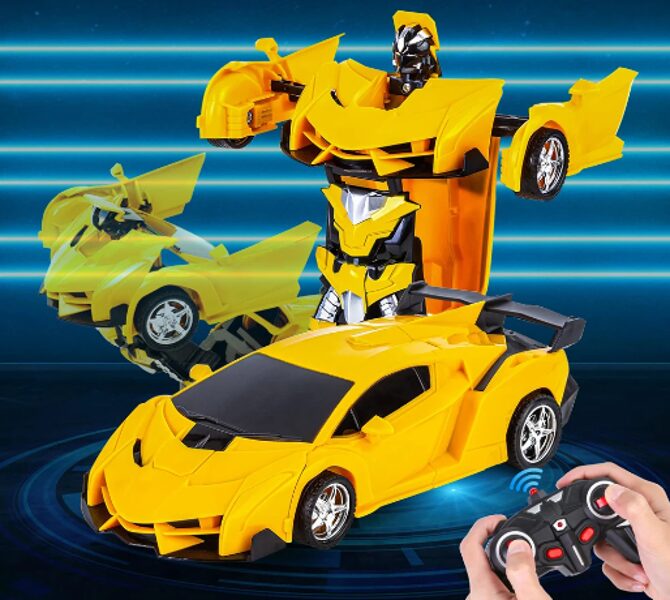 Radiovadāma mašīna bērniem ar pulti ''transformers'', divi vienā: auto + robots, dzeltena
