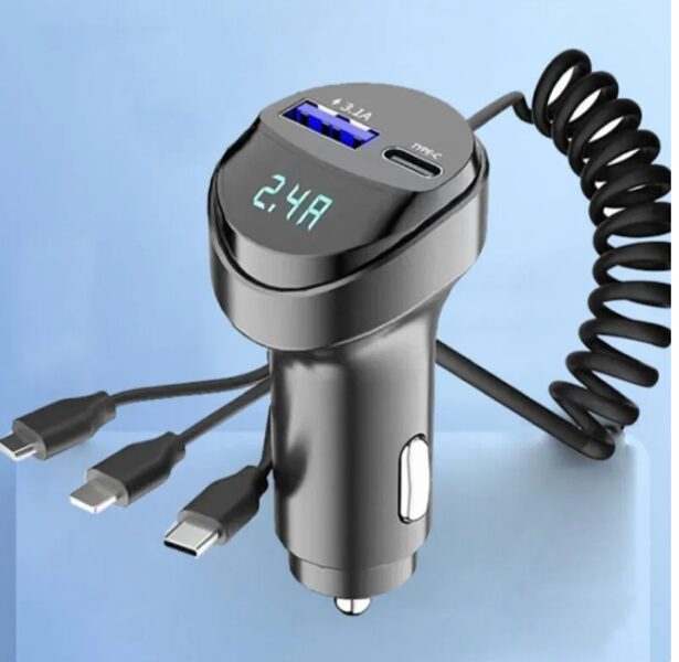 Auto telefona ātrās uzlādes lādētājs + voltmetrs + uzlādes kabelis, USB, Type-C, 55w ''fast charger''