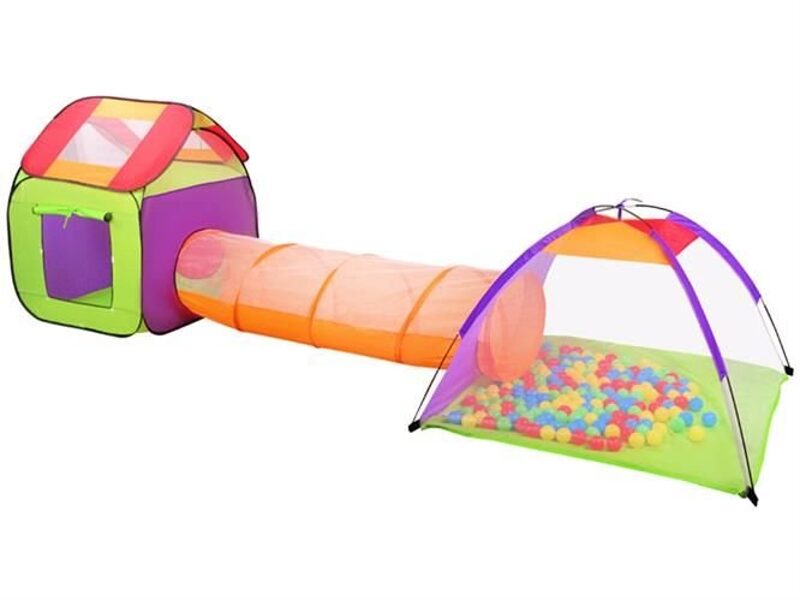 Pašsaliekamā telts- 2gab mājiņas ar tuneli un 200gab bumbām, bērnu rotaļām, 379x118x105cm