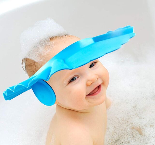 Bērnu vannas cepure mazuļiem, acu, ausu un sejas aizsargs no ūdens un šampūna, regulējams izmērs, zilā krāsā