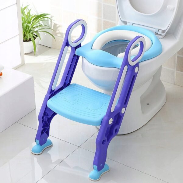 Bērnu tualetes poda sēdeklis ar pakāpienu, dubultās margas, neslīdošs un ērts paliktnis, regulējams kāju balsts, uzliktnis ar kāpnītēm