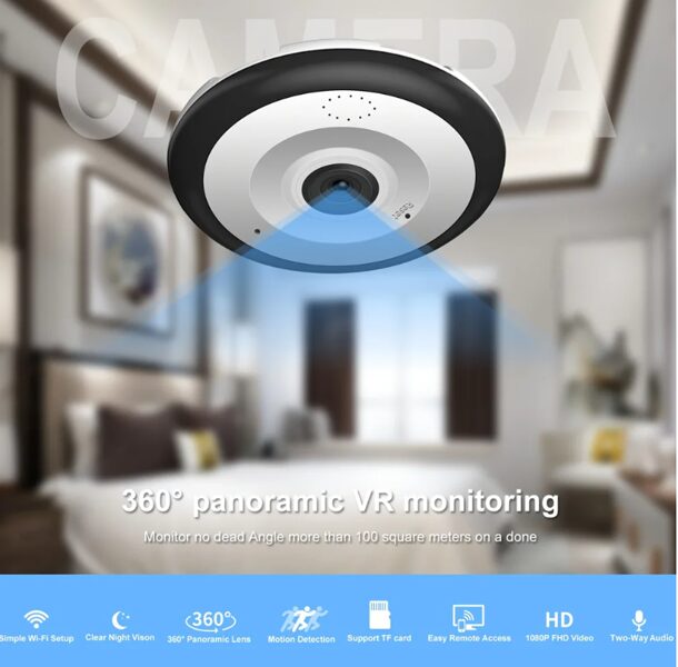 WiFi kamera 360 grādu panorāmas leņķis, bezvadu videonovērošanas kamera ar kustības sensoru 5MP